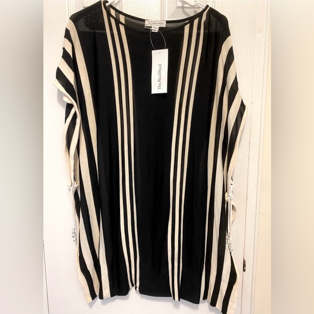 ❤️ NEW St. JOHN Stylish Black&Cream Striped Knit Kaftan Poncho Top.MADE IN JAPAN